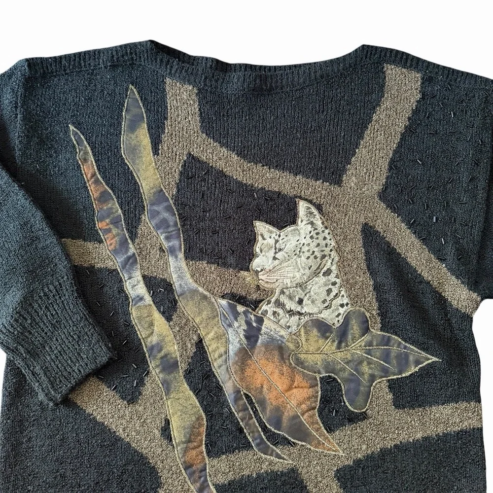 Vintage 80s Mariea Kim Sweater Womens M Black Gold Leopard Applique Embroidered